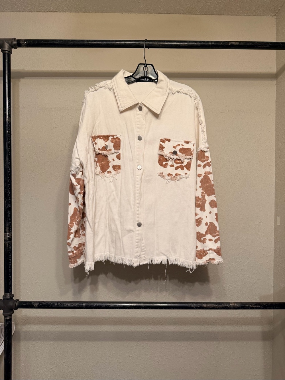 White Jean Jacket with Brown Cowprint Pocket & Sleeve Accents